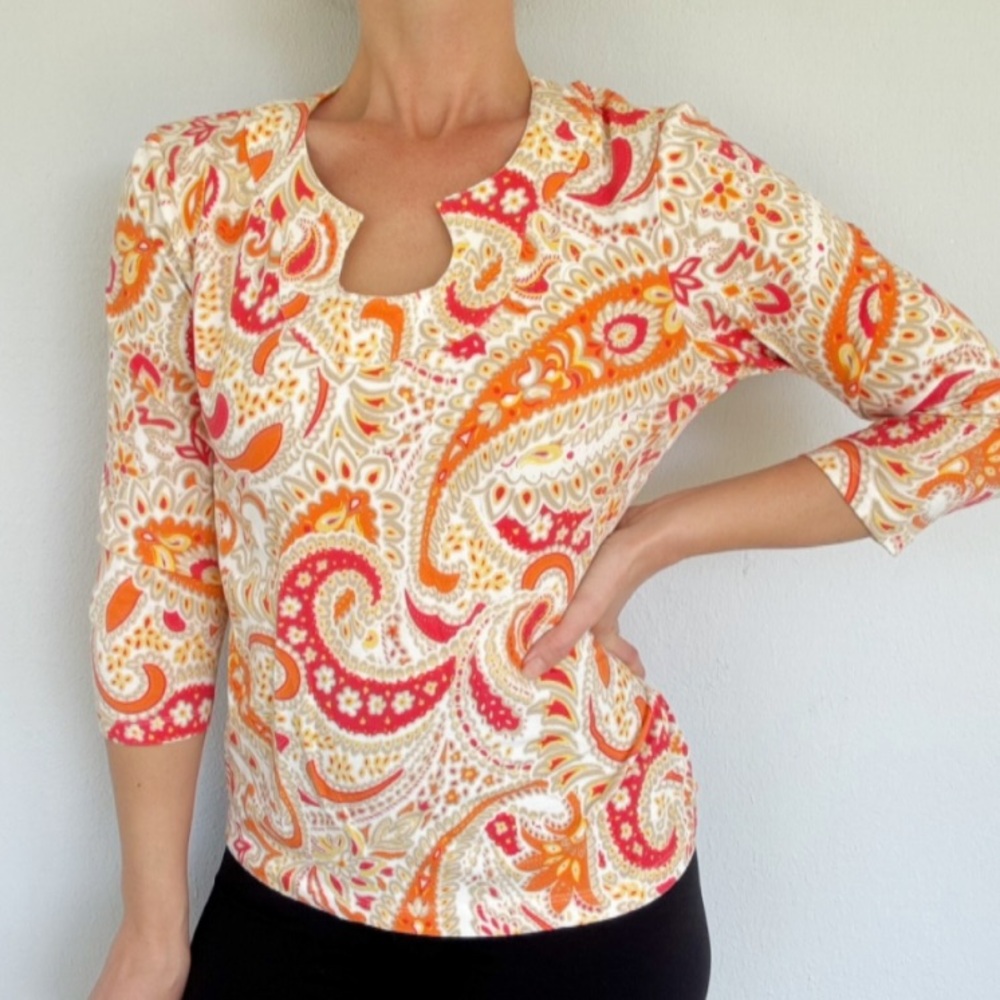 Hearts of Palm Petite pink orange paisley print 3/4 sleeve cotton tee medium